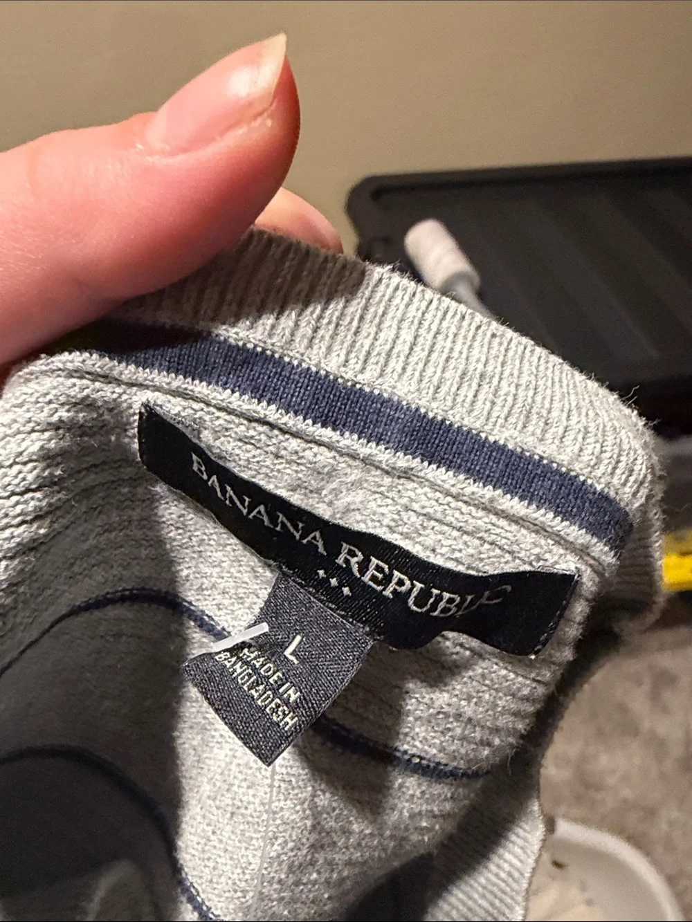 Banana Republic Gray Crewneck Sweater with Navy Stripes
